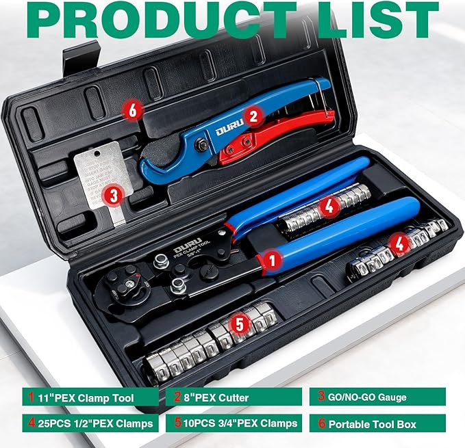 2 IN 1 Ratchet Pex Crimping Tool Cinch and Remove Combo Function Pex Pipe Crimp Tool from 3/8" to 1" Pex Crimper with Pex Cutter and Stainless Steel Pex Clamps 1/2" 25PCS, 3/4" 10PCS in Plastic Box