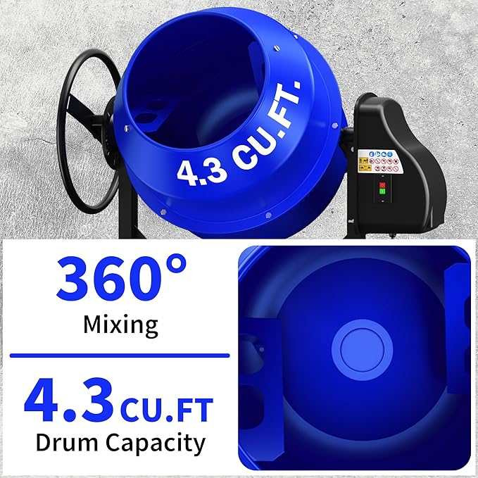 4.3 Cubic Ft Electric Concrete Mixer, 3/5HP, 450W Portable Concrete Mixer Machine with Stand And Wheels for Stucco, Mortar, Seeds (Blue)
