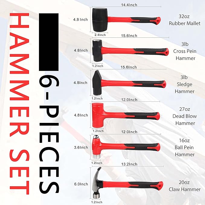 C&T 6-Piece Hammer Set, Fiberglass Handle & Mallet Set, Metal Working | Garage Home Kit | Mechanic Tools | Sledge Hammer | blacksmith Hammer | Ball Peen Hammers | Hand Tools