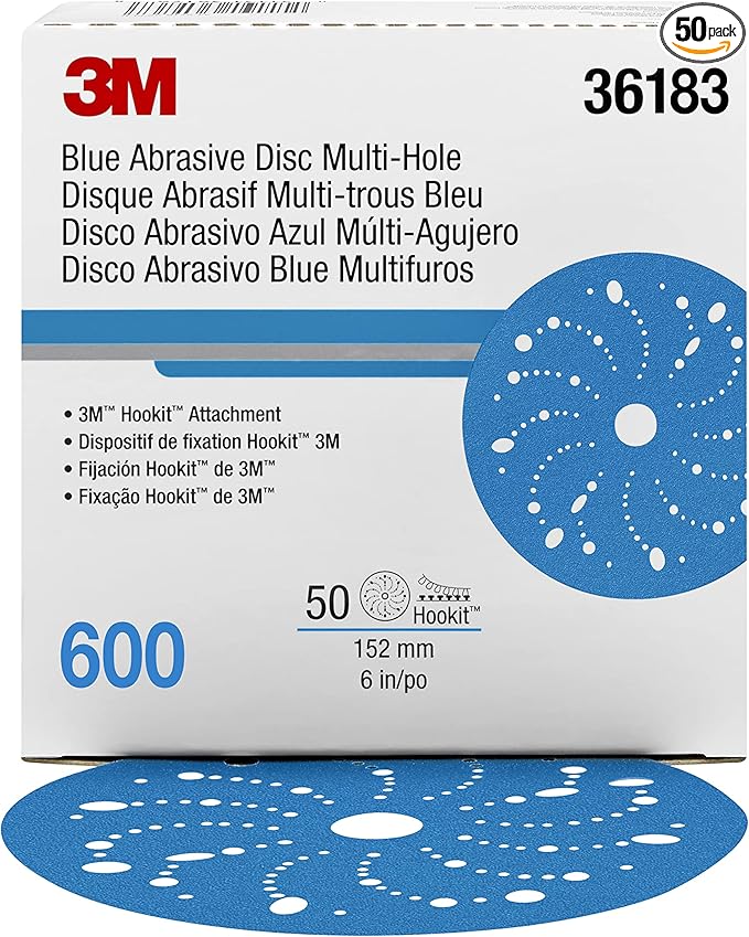 3M Hookit Blue Abrasive Discs 36183, Multi-Hole, Blend Preparation, Paint Preparation, 6 in, 600 Grade, 50 Discs/Carton