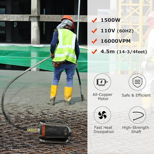 Seeutek Concrete Vibrating Tool - 1500W 16000 RPM Portable Pencil Cement Vibrator to Remove Air Bubbles and Level Concrete with 4.5m (14-3/4ft) Long Shaft Rod, Easy to Use