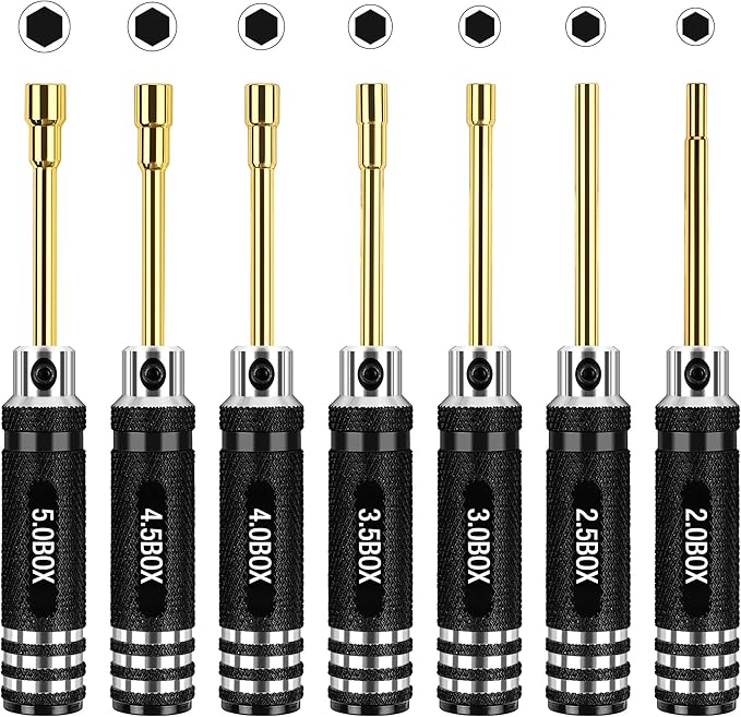 7pcs Hex Nut Screwdriver Set, Hexagonal Head Nut Driver Set, Durable Hex Socket Set RC Tools Kit with Replaceable Tips (2.0-5.0) mm for RC Car Truck Hobby Repair