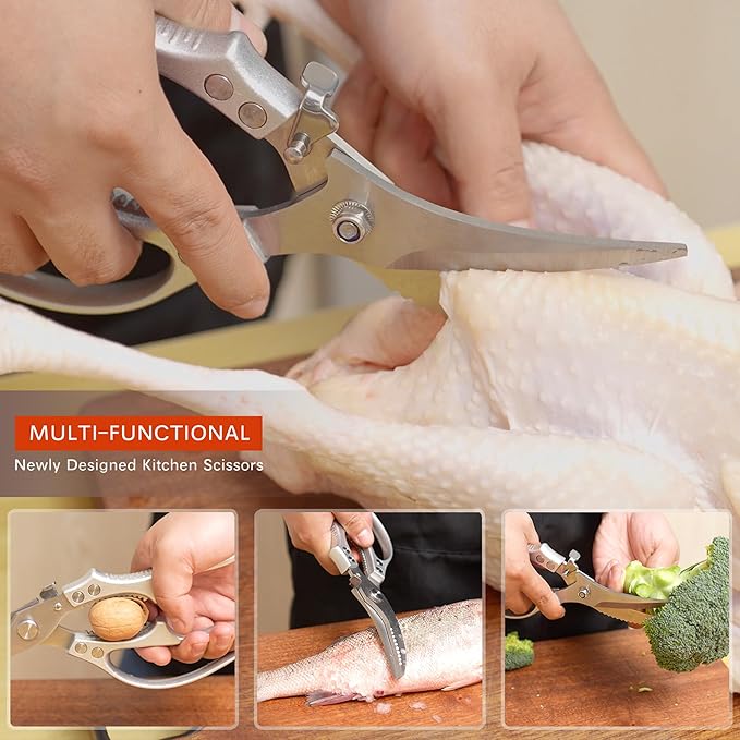 Heavy Duty Kitchen Scissors - All Purpose Poultry Shears with Anti-Slip Handle & Safety Lock, Stainless Steel Food Scissors for Chicken, Meat, Bones, Vegetables.Dishwasher Safe & Spring Loaded