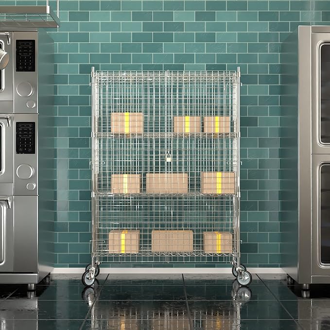 Commercial Grade NSF Listed Metal Wire Mesh Storage Chrome Mobile Security Cage Kit, 18" x 48" x 70", Perfect for Warehouse, Grocery Store, Restaurant, Dishroom