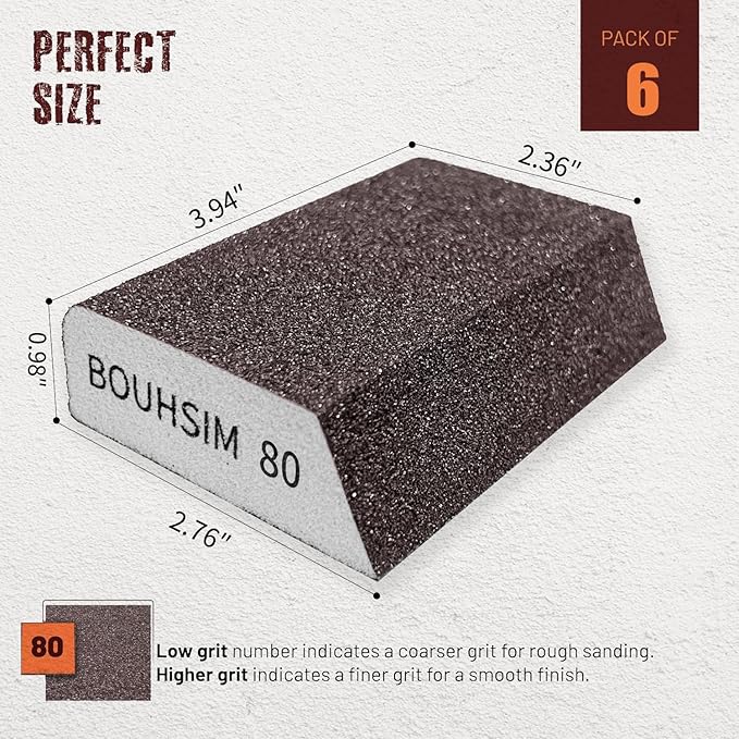 Sanding Sponge,Washable and Reusable Handmade Sandpaper Block竊똙ersatile Sanding Blocks for Wood, Drywall & Metal竊똕andpaper Blocks Pads Perfect for Smooth finishes (6 Pack 80 grit)