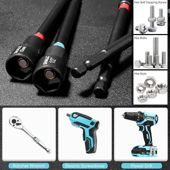 SHALL 20PCS Magnetic Nut Driver Set, 6??Long Nut Drivers for Impact Drill, SAE & Metric 1/4??Hex Shank Nut Driver Bit & Impact Drill Driver Bit w/Power Screwdriver Bits PH1/PH2/SQ2/T20, Storage Bag