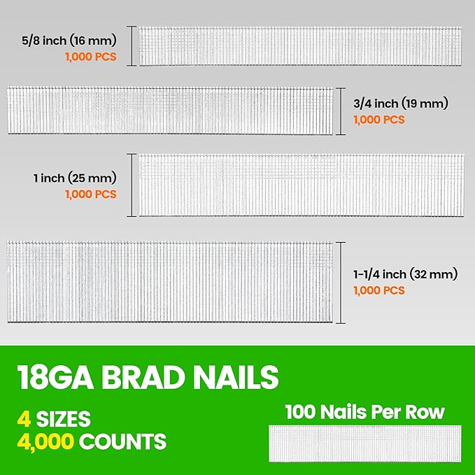 meite 18 Gauge Brad Nails, 4,000-Count Assorted 4 Sizes (5/8", 3/4", 1", 1-1/4 Inch) Galvanized Finish Nails for Pneumatic, Electric 18GA Brad Nailer Nail Guns Trim, Project Pack Assortment