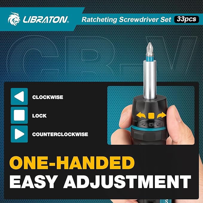 LIBRATON Ratchet Screwdriver Set, 33-in-1 Multi-Bit, Magnetic, Slotted/Philips/Pozi/Torx/Hex/Square Bits, Home/Auto/DIY