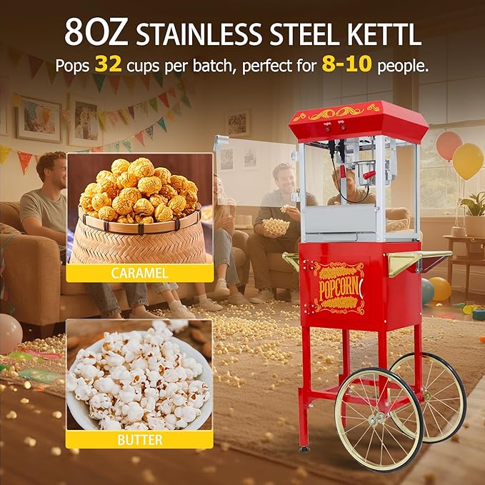 8 Oz Popcorn Machine Cart, 650 W, Popcorn Maker Machine with Stainless-Steel Kettle, Movie Theater Popcorn Machine with Steel Frame Tempered Glass Doors & Heated Warming Deck, Red