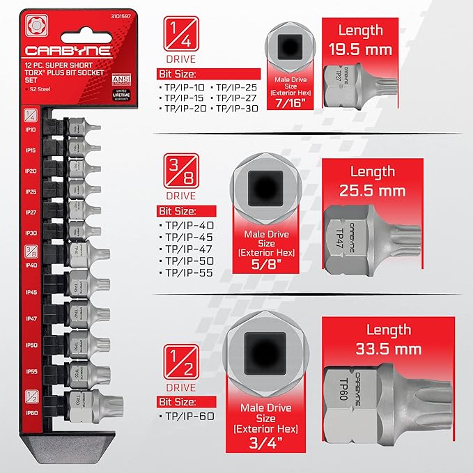 CARBYNE 12-Piece Torx Plus (6 Lobe) Super Short Low Profile Bit Socket Set | TP10/IP10 - TP60/IP60, Dual-Drive: Internal Square Drive & External Hex Drive ??From a Family-Run Tool Company in the U.S.