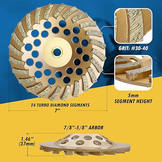 7" Diamond Grinding Wheels for Concrete or Masonry, 24 Turbo Segments, #30/40 Grit, Medium Bond, 7/8"-5/8" Arbor