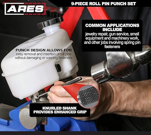 ARES 10021 ??9-Piece Roll Pin Punch Set ??Durable Heat Treated and Drop Forged Steel Pin Punches with Pouch -Ideal for Automotive Repair, Gunsmithing, Craft Work, and Jewelry Repair
