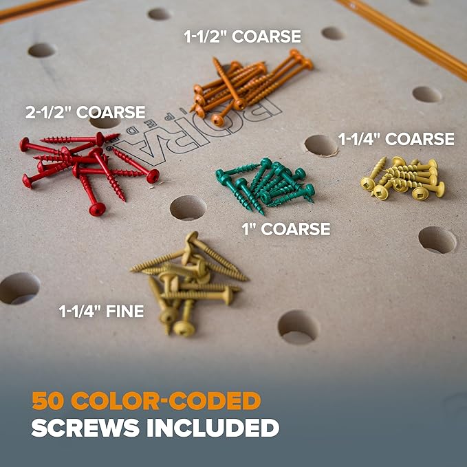 BORA Automatic Pocket Hole Jig with 50 Color-Coated Screws, Auto Adjusting Drill Guide, Pocket Hole Jig Kit for Woodworking - For Materials 1/2 inch to 1 1/2 inch Thick, Power Tool Accessory Jigs