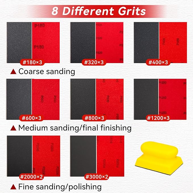 22 PCS Sanding Sponge Set, 180-3000 Grits Soft Foam Hand Sanding Block, Washable and Reusable Sandpaper Sponge for Drywall Metal Wood, Ultra Fine Sanding Pads for Model, Crafts, Auto