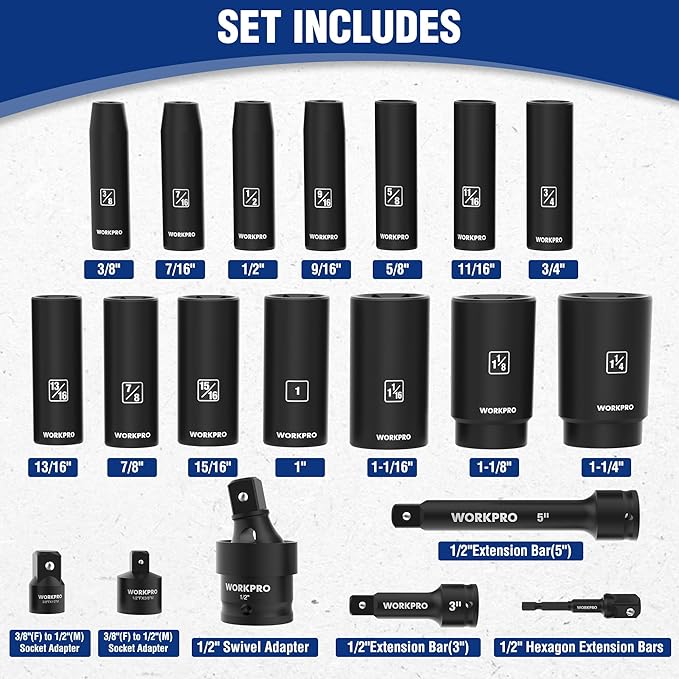 WORKPRO 20-Piece 1/2竊?Drive Deep Impact Socket Set, 6-Point, Cr-V Steel, 10-27mm, Universal Joint, Adapter and Extension Bar, SAE
