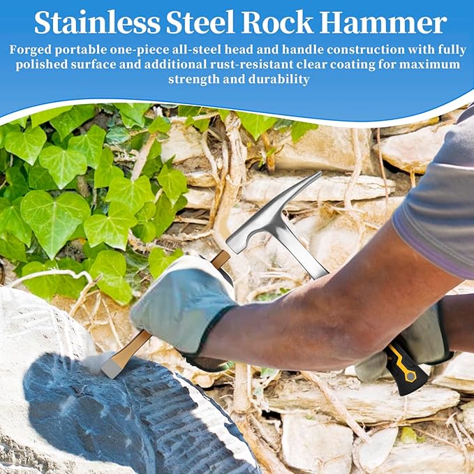 17PCS Geology Rock Pick Hammer Kit, Gold Mining & Prospecting Equipment Tool, including 32oz Hammer & 3 PCS Digging Chisels Set, Shovel, Wooden Chisel, magnifying glass, Whistle, goggles