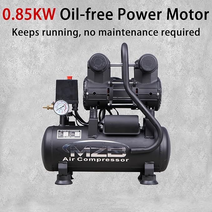 MZB 2.4 Gallon Ultra Quiet Air Compressor 110V/60Hz 1.0HP 5.65CFM, MAX 115PSI Steel Tanks Oil-Free 72dB Noise Level Air Compressor with Wheels for Spray Painting, Auto Repair, Carpentry Decoration