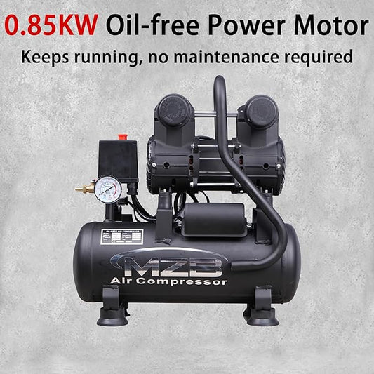 MZB 2.4 Gallon Ultra Quiet Air Compressor 110V/60Hz 1.0HP 5.65CFM, MAX 115PSI Steel Tanks Oil-Free 72dB Noise Level Air Compressor with Wheels for Spray Painting, Auto Repair, Carpentry Decoration