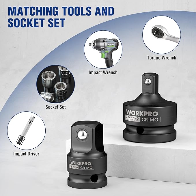 WORKPRO 1/2" F to 3/4" M Impact Socket Adapter, Cr-Mo Steel, Socket Adapter Set for Impact Driver Conversions, Square Drive Reducer for Impact Driver Wrench