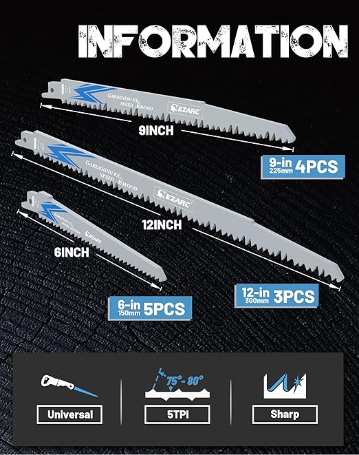 EZARC 12 Pieces Wood Pruning Reciprocating Saw Blade Set, Saw Blades for Tree Pruning, Wet Wood Cutting with Organizer Box, Durable & Sharp