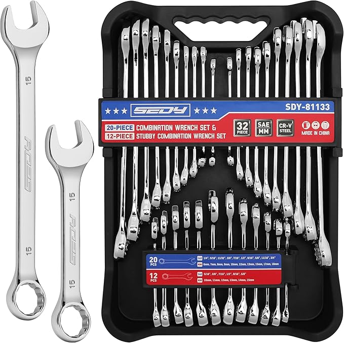 32-Piece Combination Wrench Sets SAE & Metric, Open-Box-End Combination Stubby Wrench Set Includes 20 Standard and 12 Stubby Wrenches, Open End and 12-Point Box End Wrench Set with Organizer Box