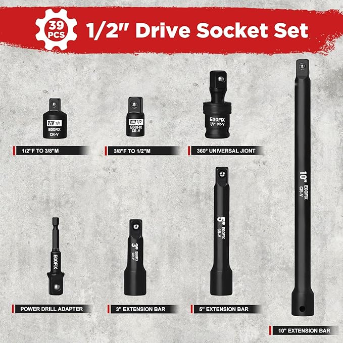 1/2??Drive Impact Deep Socket Set, 39 Pieces Metric(8-24mm)/SAE(5/16 to 1-1/4), CR-V Steel Tool Set with 3?? 5?? 10??Extension Bar, Adapters