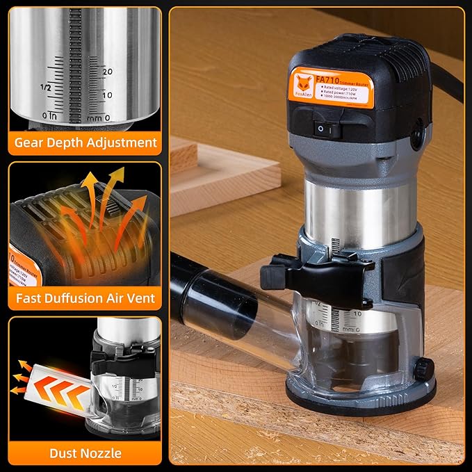 FoxAlien 1HP 710W 65mm Diameter Compact Palm Router for CNC Woodworking,6 Variable Speeds Max 30000 R/MIN Wood Trimmer with 1/4??Collet (110V)