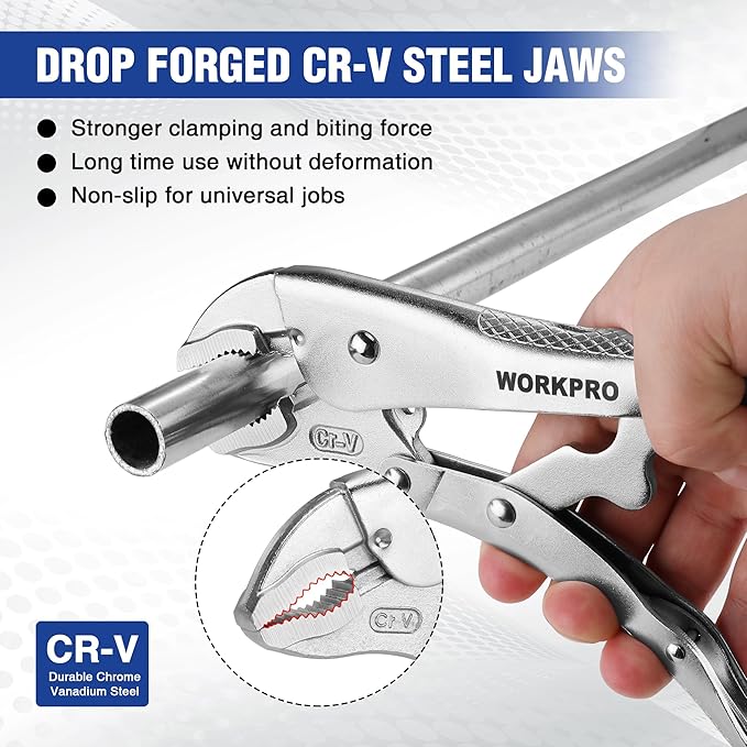 WORKPRO Locking Pliers, 10-inch Curved Jaw Vice Grips pliers, Chromium-Vanadium Steel Locking Pliers with Wire Cutter, Locking Adjustable Vise Grips for Clamping Twisting Welding