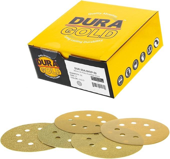 Dura-Gold Premium - Variety Pack - 5" Gold Sanding Discs - 8-Hole Dustless Hook and Loop - 10 Each of Grit (60, 80, 120, 220, 320) - Box of 50 Sandpaper Finishing Discs for Woodworking or Automotive