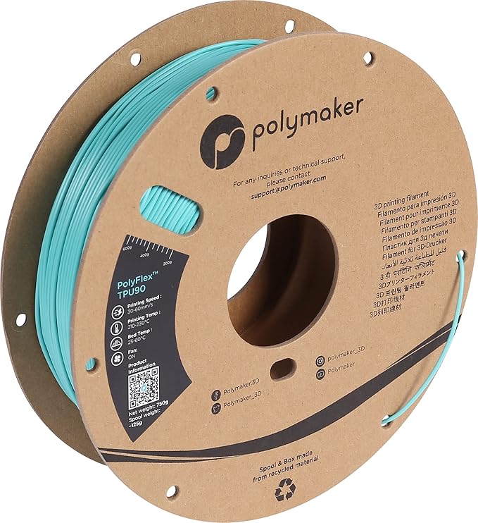 Polymaker TPU Filament 1.75mm Polymaker Teal, 0.75kg Shore 90A Flexible 3D Printer Filament 1.75mm - PolyFlex TPU90 3D Printing TPU Filament 0.75kg Teal Soft Flexible Filament