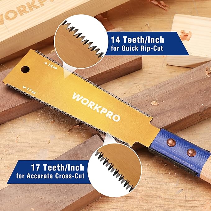 WORKPRO 6 Inch Japanese Pull Saw, Double-Edged Hand Saw for Wood Cutting with 14&17 TPI, SK5 Flexible Blade Flush Cut Saw with Non-Slip Beech Handle, Wide Head- for Beginner