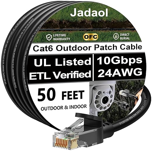 Cat6 Outdoor Ethernet Cable 50ft, 24AWG 10Gbps Support Cat8/7 Network, Pure Copper, Direct Burial Waterproof Underground Anti-UV (1Ft 3Ft 5Ft 10Ft 15Ft 20Ft 30Ft 40Ft 50Ft 60Ft 75Ft 100Ft 150ft 200ft)
