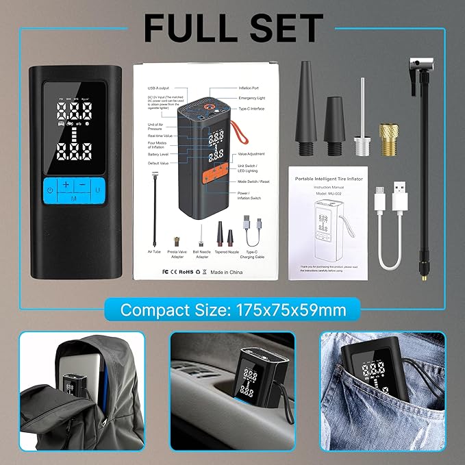 Portable Air Compressor 150PSI, Tire Inflator with Digital Display & Auto Stop, Cordless Air Pump for Car Tires, Motorcycle, Bike, Ball - Battery-Powered Air Compressor for Car Accessories