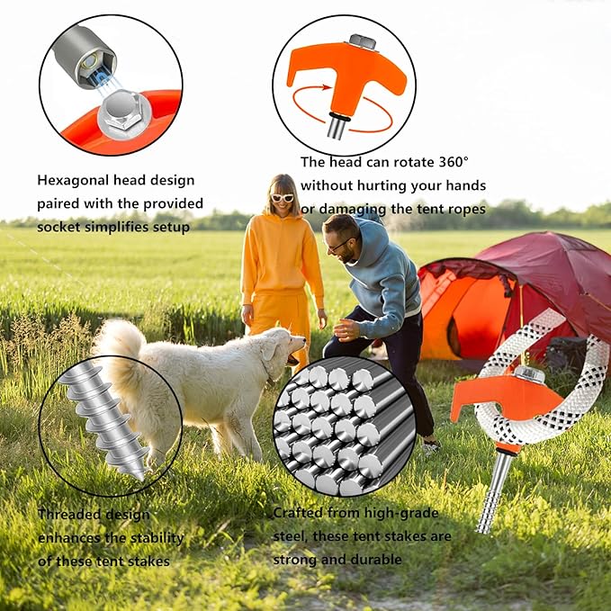 8" Tent Stakes Heavy Duty 12 Pack, Screw in Tent Stakes, Metal Threaded Camping Stakes, Ground Anchors for Canopies, Gardening, Christmas Yard Stakes for Inflatables, with Storage Box and Hex Socket