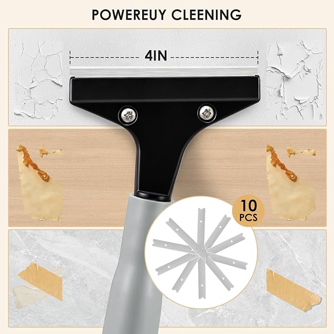 Heavy-Duty Floor Scraper, 4-Inch Razor Blade Scraper Tool, 36-Inch Long Handle, Includes 10 Extra Metal Blades, Paint Scraper for Cleaning Wall, Glass, Adhesives, Chewing Gum, Ceiling