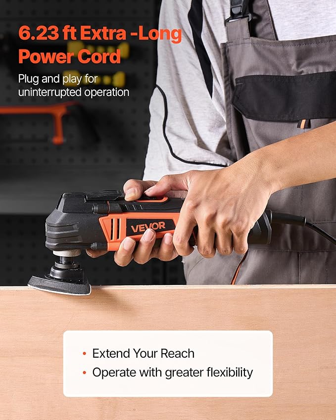 VEVOR Oscillating Tool Multitool, 4Amps Electric Oscillating Multi Tool Corded with 6 Variable Speeds 7000-19000 OPM, 3.2째 Oscillating Angle, 13PCS Saw Accessories, LED Work Light & Tool Bag