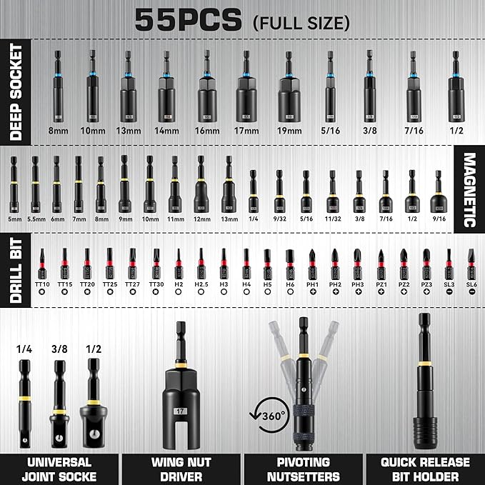 Magnetic Impact Nut Driver Set, Metric & SAE Driver Bit Set with Socket Adapters, Bit Holder, Wing Nut Driver, Universal Sockets, Quick Release Extension, Power Bits