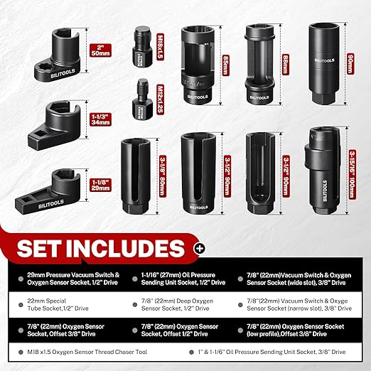 BILITOOLS 11-Piece O2 Oxygen Sensor Socket Set 7/8" (22mm), 1" & 1-1/16", Offset Oxygen Sensor Wrench Set includes Oil Pressure Switch Socket, Oil Sending Unit Socket