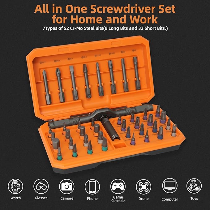 42-in-1 Magnetic Ratchet Screwdriver Set with 40 S2 Steel Bits, Small Repair Tool Kit with Detachable Handle, Precision Screwdriver Set for Furniture, Computer, Bike, Models, Small-Appliance