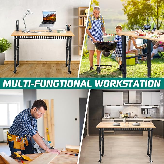 48 "Adjustable Wheels Workbench, Heavy Duty 2000 LBS Load Capacity Hardwood Workbench Suitable for Workshop, Office, Garage, Home (Metal Wheels訝쭼o Power Outlets 48"x24")