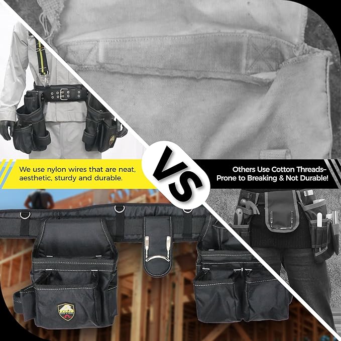 ZAKCO Professional 1680D Polyester Tool Belt with Suspender, Strudy Tool Belt for Carpenters, Framers, Electricians, Plumbers, Hanyman & DIY (Black, Full Size)
