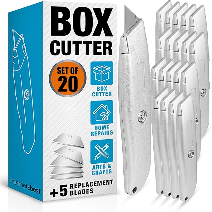 Internet's Best Classic Utility Knife - Set of 20 - Retractable Razor Knife Set - Extra Blade Refills - Box Cutter Locking Razor Knife - Full Metal Body - Silver