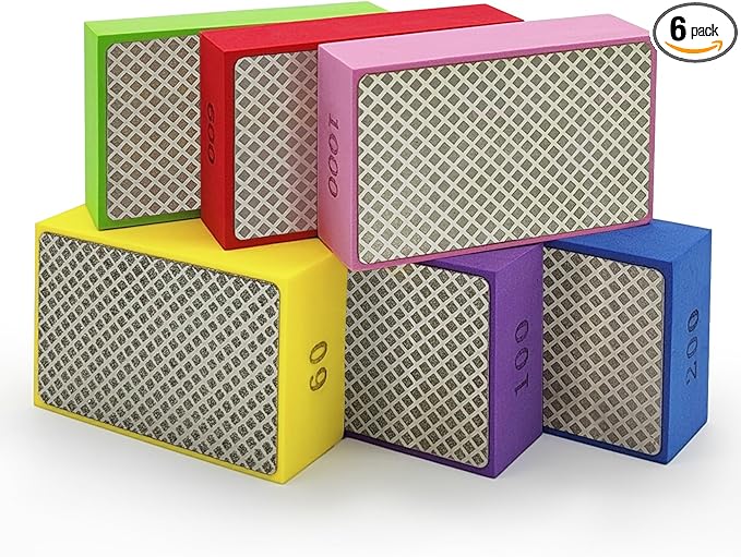 6 Pack Diamond Polishing Pads, Diamond Sanding Blocks for Tile Glass Ceramic Wood Marble Metal, Tile Tools Foam Backing Diamond Sanding Pads Grit 60#,100#,200#,400#,600#,1000#