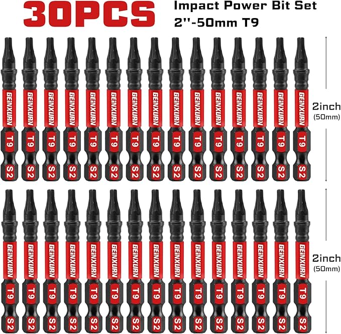 30 Pieces T9 Impact Tough Magnetic Screwdriver Bit Set, 2 In. #9 Torx Head power Bit Set, S2 Alloy Steel T9 Star Bit