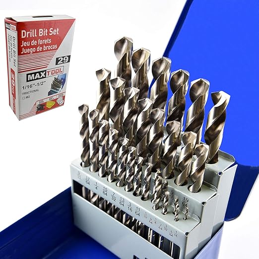 MaxTool Twist Drill Bit Set 29PCs High Speed Steel M2 Jobber Length Fully Ground 3-Flat for Metal Stainless Plastic etc 1/16??to 1/2?? JBS02W13R029P