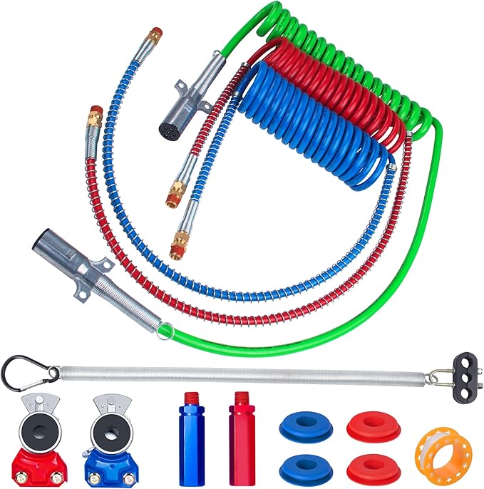 15Ft Air Brake Line Hoses & ABS Electrical Power Cord Assembly with Tender Spring Kit & Gladhands & Handles & Seals, Ailbiuko 1/2" NPT DOT Fittings Pigtail Trailer Semi Truck Air Hose