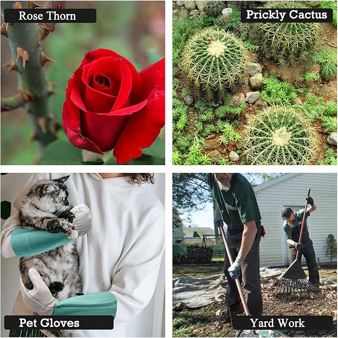 HANDLANDY Long Gardening Gloves for Men & Women, Thorn Proof Rose Pruning Gloves Leather Gauntlets Garden Glove Yard Work Glove (XS, Green)