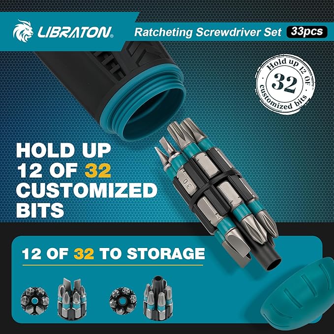 LIBRATON Ratchet Screwdriver Set, 33-in-1 Multi-Bit, Magnetic, Slotted/Philips/Pozi/Torx/Hex/Square Bits, Home/Auto/DIY
