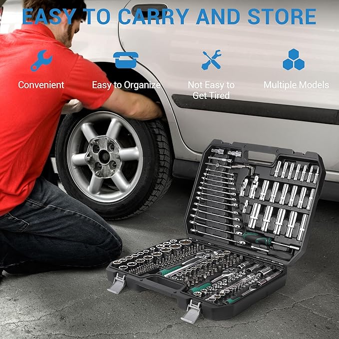 216-Piece Mechanics Tool, Juego De Herramientas, Set Socket Wrench Kit, with 72-Tooth Ratchet, Metric Sockets & Extensions, Automotive Repair Tool Kit for Car Home Garage Maintenance