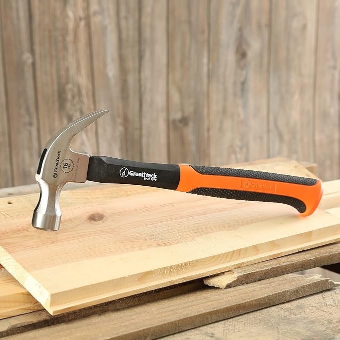 GreatNeck HG16C 16 Oz. Fiberglass Curved Claw Hammer, Household & Industrial Construction Hammer, Drive & Pry Nails, Frame a Home Addition, Fix a Leaky Roof, & More, Rugged Fiberglass Handle